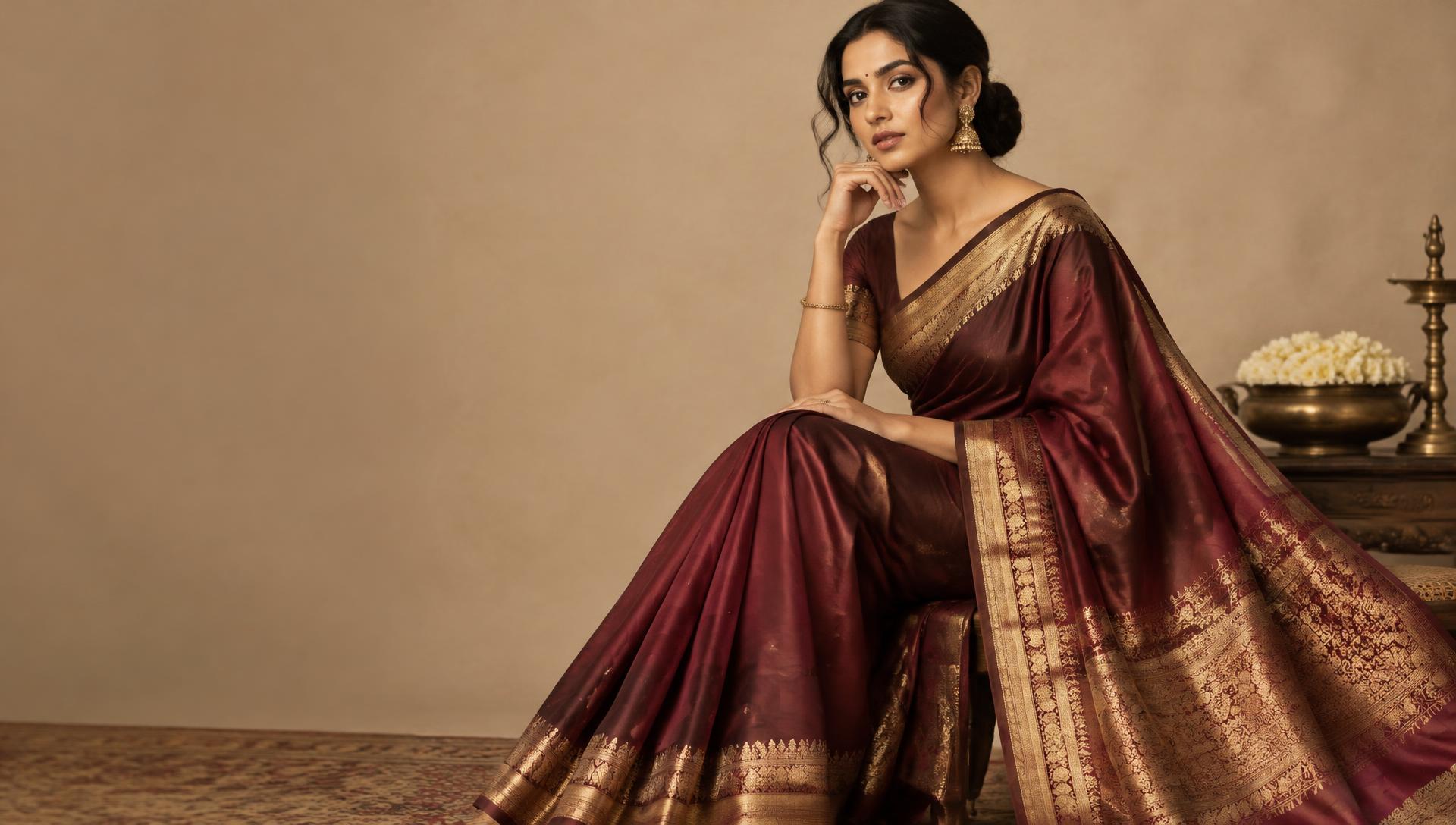 Woman in a maroon silk saree with gold border